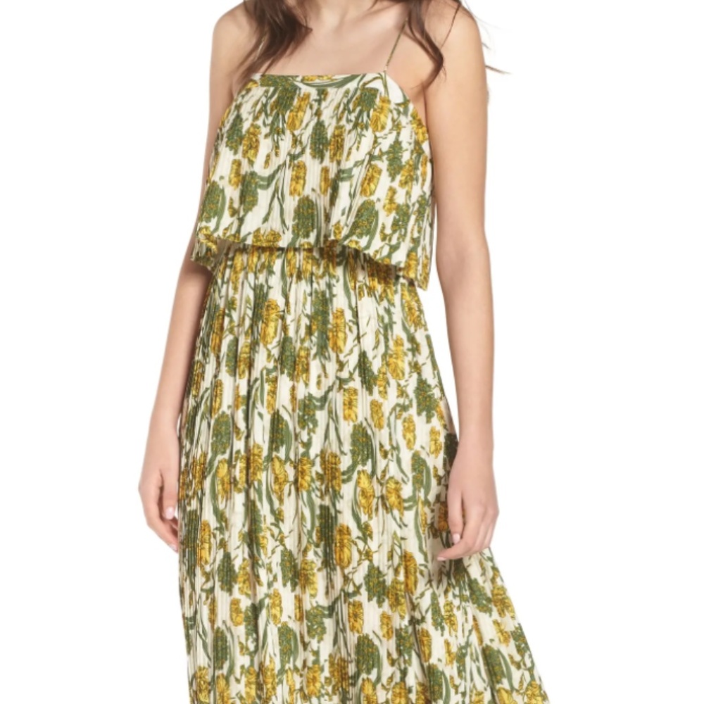 NWOT Women's LEITH Pleated Midi Dress Ivory/Green/Yellow Floral XL